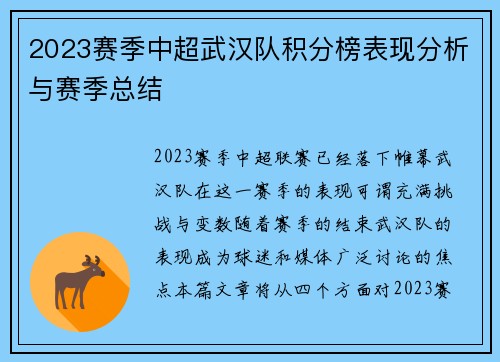 2023赛季中超武汉队积分榜表现分析与赛季总结