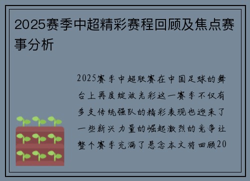 2025赛季中超精彩赛程回顾及焦点赛事分析