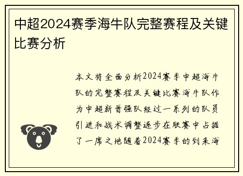 中超2024赛季海牛队完整赛程及关键比赛分析