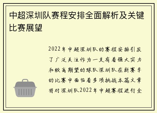 中超深圳队赛程安排全面解析及关键比赛展望